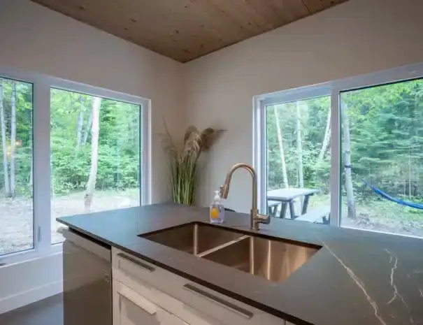 Chalet haut de gamme au bord de l'eau avec expérience thermale complète digne d’un spa nordique privé - grande cuisine toute équipée avec vue sur la forêt