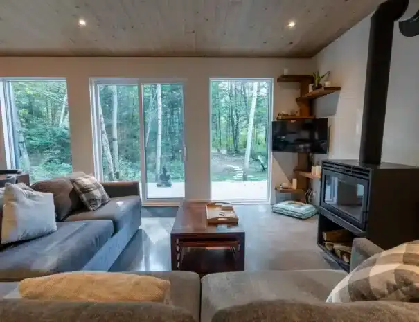 Chalet haut de gamme au bord de l'eau avec expérience thermale complète digne d’un spa nordique privé - Grand salon fenestré avec foyer au bois