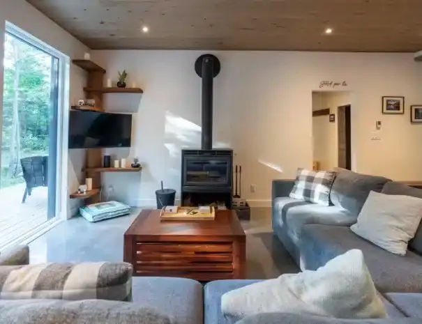 Chalet haut de gamme au bord de l'eau avec expérience thermale complète digne d’un spa nordique privé - Grand salon fenestré avec foyer au bois