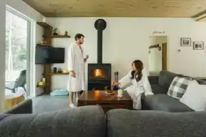 Hôtel avec spa et expérience thermale privée - salon avec foyer au bois