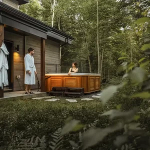 Spa extérieur de grande qualité avec véritables jets thérapeutiques - en été Chalet à louer avec spa et sauna privé - expérience thermale complète et privée