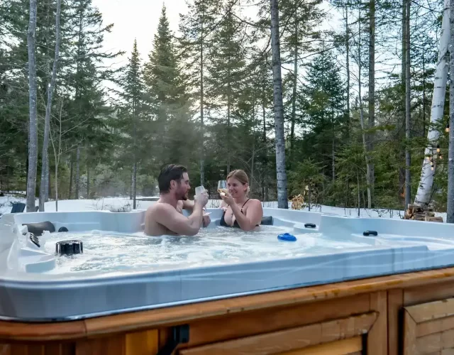 Bain tourbillon de qualité avec véritables jets thérapeutiques et vue sur la forêt Chalet avec spa à louer dans Lanaudière